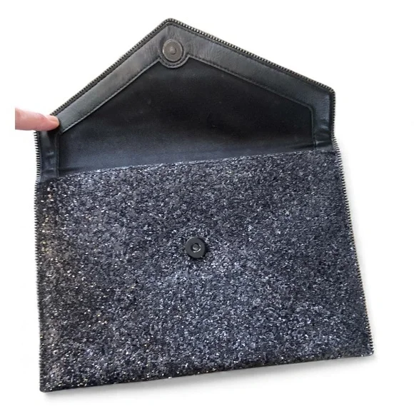 Rebecca Minkoff Envelope Glitter Leo Clutch Dressy Handbag Purse Black - Picture 6 of 9